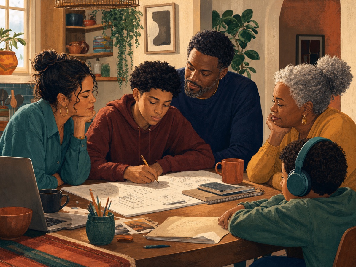 Family gathered at a kitchen table around sketches and notebooks